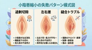 小陰唇縮小の主な失敗パターンを示すイラスト・模式図（過剰切除・左右差・縫合トラブルなど）