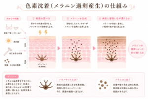 色素沈着（メラニン過剰産生）の仕組みを示す皮膚断面のイラスト