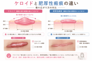ケロイドと肥厚性瘢痕の違いを示す模式図。傷の範囲を超えて広がるケロイドと、範囲内にとどまる肥厚性瘢痕の対比