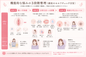機能的な悩みの3段階整理を示す図（段階1〜3の状態と日常生活への影響の目安）