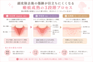 副皮除去後の傷跡が目立ちにくくなる瘢痕成熟の3段階プロセス図