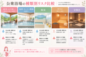 小陰唇縮小後の温泉・サウナ・岩盤浴の種類別リスク比較イラスト